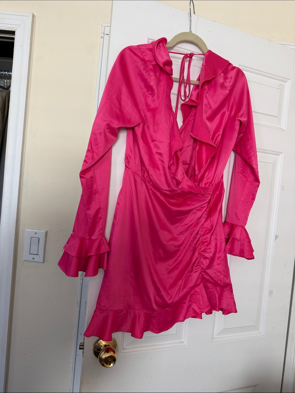 MAJORELLE Hot Pink Ruffle Wrap-Style Long Sleeve Dress